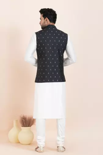 Woven Kurta Pyjama Waistcoat Set For Mens