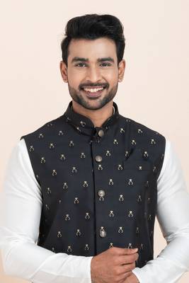 Woven Kurta Pyjama Waistcoat Set For Mens 5
