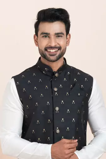 Woven Kurta Pyjama Waistcoat Set For Mens