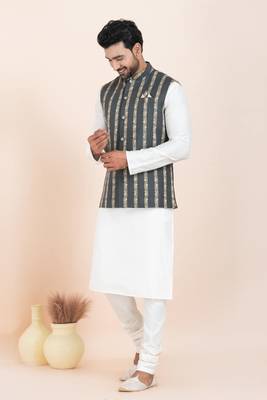 Woven Kurta Pyjama Waistcoat Set For Mens 1