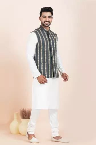 Woven Kurta Pyjama Waistcoat Set For Mens