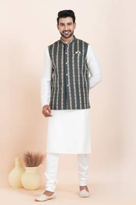 Woven Kurta Pyjama Waistcoat Set For Mens 3