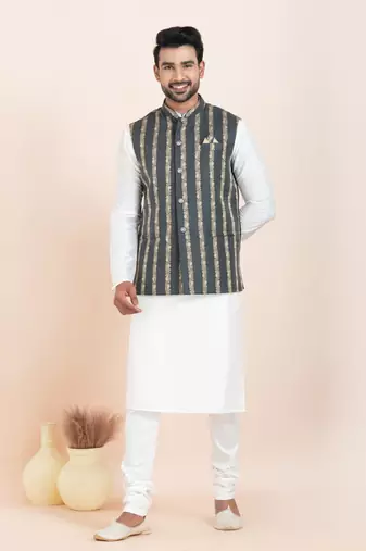 Woven Kurta Pyjama Waistcoat Set For Mens