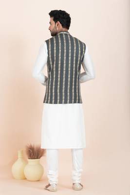 Woven Kurta Pyjama Waistcoat Set For Mens 4
