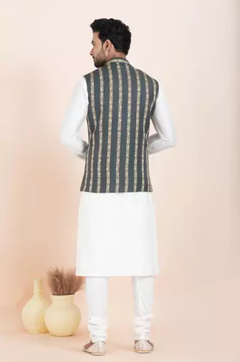 Woven Kurta Pyjama Waistcoat Set For Mens