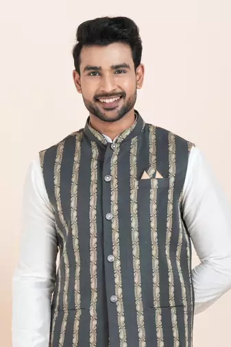 Woven Kurta Pyjama Waistcoat Set For Mens