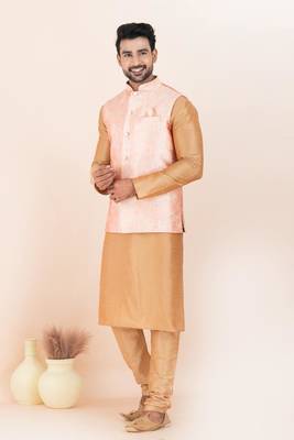 Woven Kurta Pyjama Waistcoat Set For Mens 1