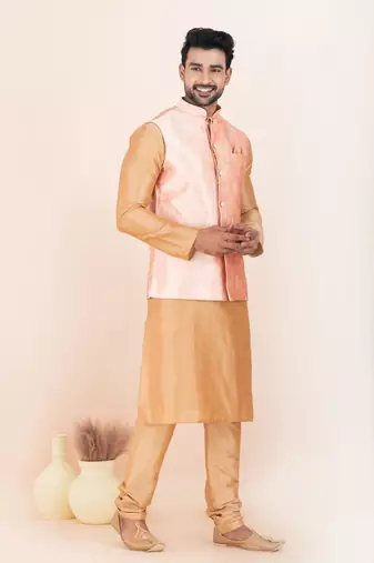 Woven Kurta Pyjama Waistcoat Set For Mens