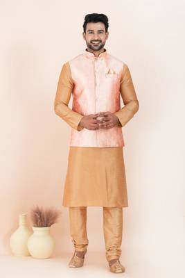 Woven Kurta Pyjama Waistcoat Set For Mens 3