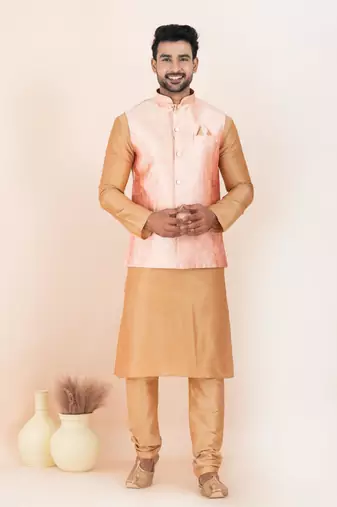 Woven Kurta Pyjama Waistcoat Set For Mens