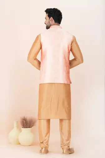 Woven Kurta Pyjama Waistcoat Set For Mens