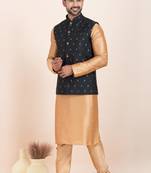 Woven Kurta Pyjama Waistcoat Set For Mens