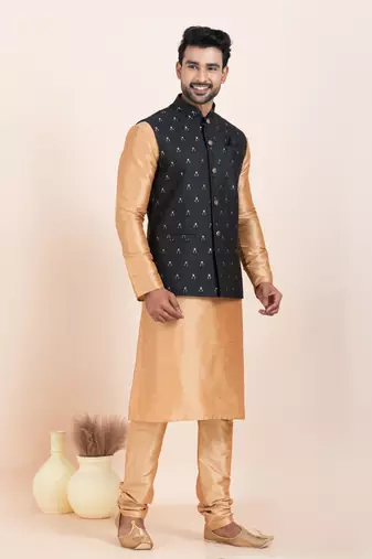 Woven Kurta Pyjama Waistcoat Set For Mens