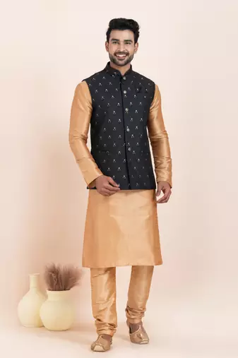 Woven Kurta Pyjama Waistcoat Set For Mens