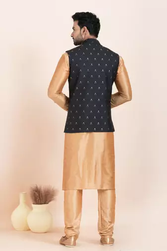 Woven Kurta Pyjama Waistcoat Set For Mens