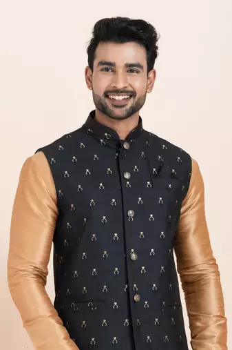 Woven Kurta Pyjama Waistcoat Set For Mens