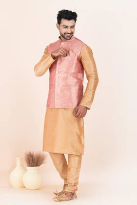 Woven Kurta Pyjama Waistcoat Set For Mens 1