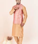 Woven Kurta Pyjama Waistcoat Set For Mens