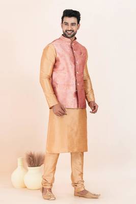 Woven Kurta Pyjama Waistcoat Set For Mens 2