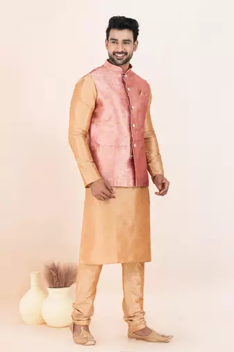 Woven Kurta Pyjama Waistcoat Set For Mens