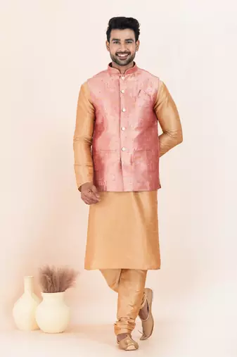 Woven Kurta Pyjama Waistcoat Set For Mens