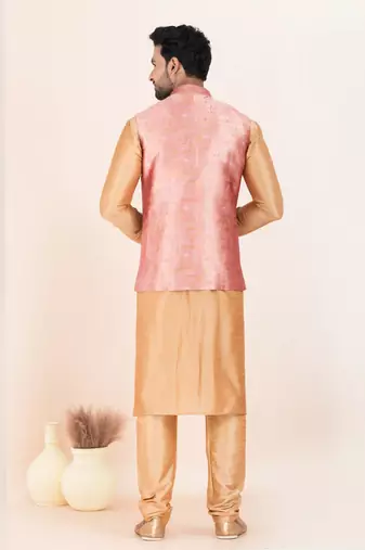 Woven Kurta Pyjama Waistcoat Set For Mens