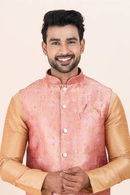 Woven Kurta Pyjama Waistcoat Set For Mens 5