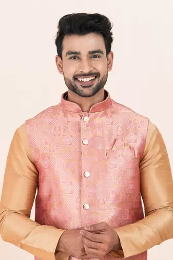 Woven Kurta Pyjama Waistcoat Set For Mens