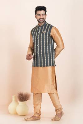 Woven Kurta Pyjama Waistcoat Set For Mens 1