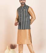 Woven Kurta Pyjama Waistcoat Set For Mens
