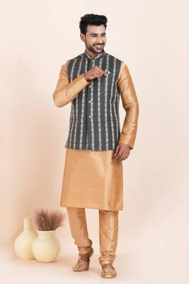 Woven Kurta Pyjama Waistcoat Set For Mens 2