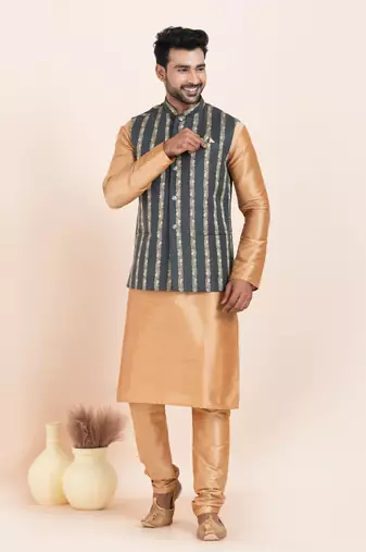 Woven Kurta Pyjama Waistcoat Set For Mens