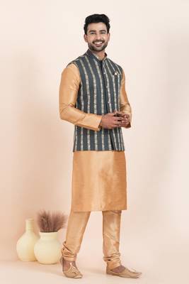 Woven Kurta Pyjama Waistcoat Set For Mens 3