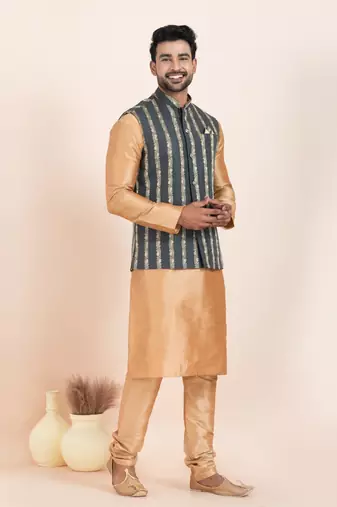 Woven Kurta Pyjama Waistcoat Set For Mens