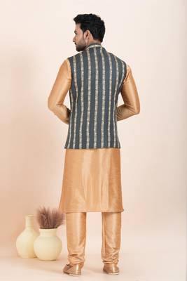Woven Kurta Pyjama Waistcoat Set For Mens 4