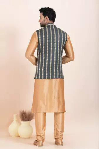 Woven Kurta Pyjama Waistcoat Set For Mens