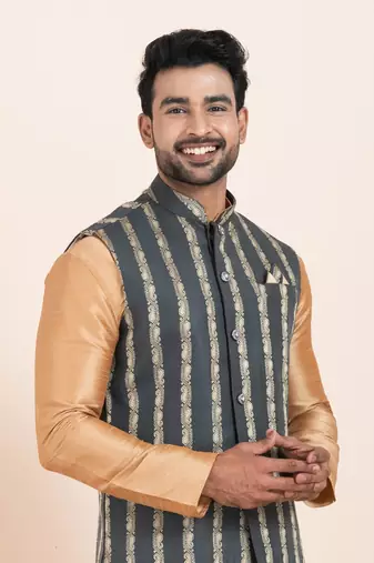 Woven Kurta Pyjama Waistcoat Set For Mens