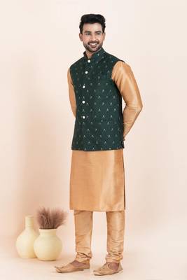 Woven Kurta Pyjama Waistcoat Set For Mens 2