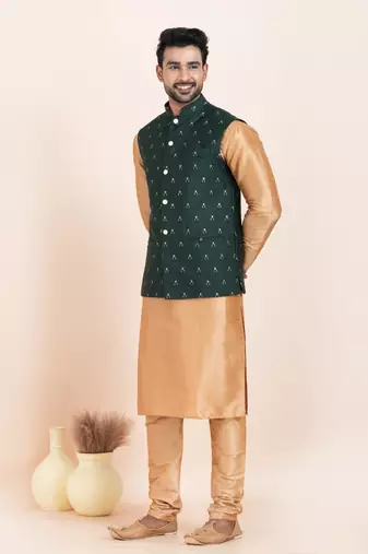 Woven Kurta Pyjama Waistcoat Set For Mens