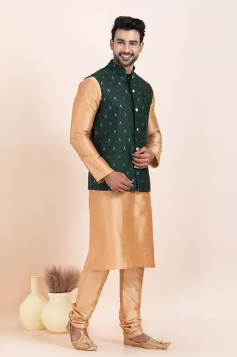 Woven Kurta Pyjama Waistcoat Set For Mens