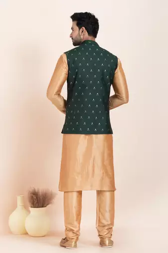 Woven Kurta Pyjama Waistcoat Set For Mens