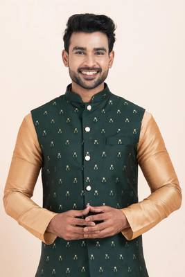 Woven Kurta Pyjama Waistcoat Set For Mens 5