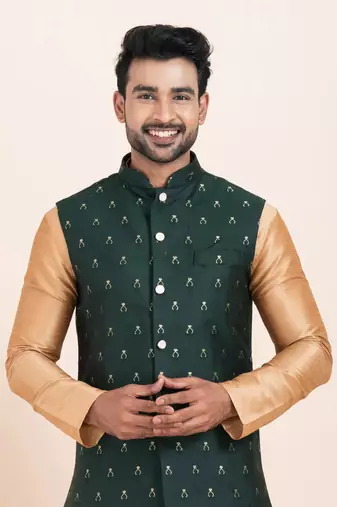 Woven Kurta Pyjama Waistcoat Set For Mens