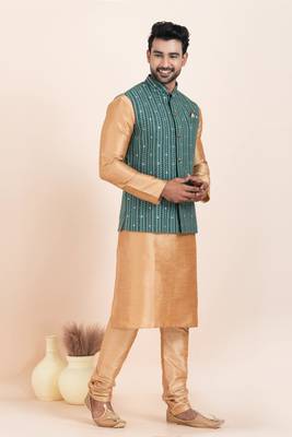 woven golden kurta pyjama with green jacket 1