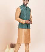 woven golden kurta pyjama with green jacket
