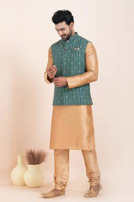 woven golden kurta pyjama with green jacket 2