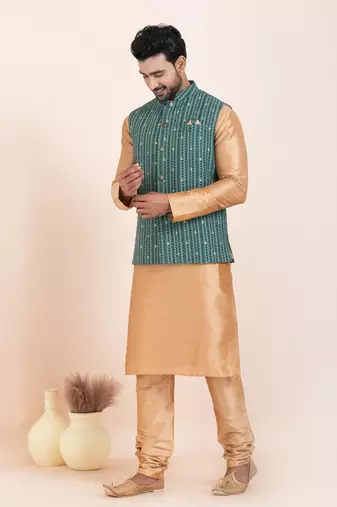 woven golden kurta pyjama with green jacket