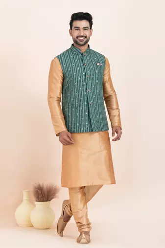 woven golden kurta pyjama with green jacket