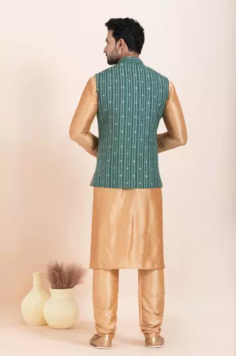 woven golden kurta pyjama with green jacket