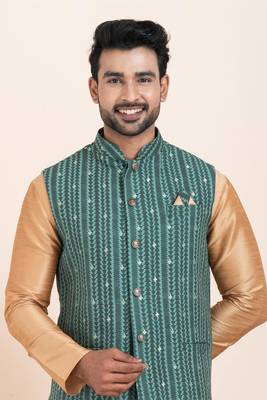 woven golden kurta pyjama with green jacket 5